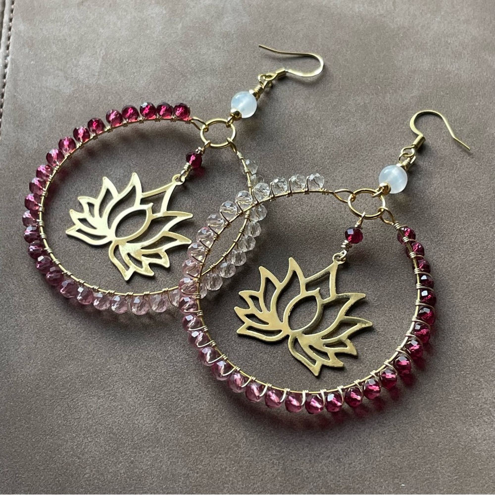 Gold and Pink Lotus Flower Earrings with Bohemian Charm